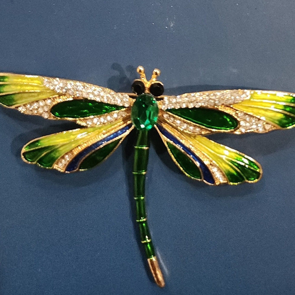 🏷Elegant Dragonfly Brooch with Green and Blue Accents
